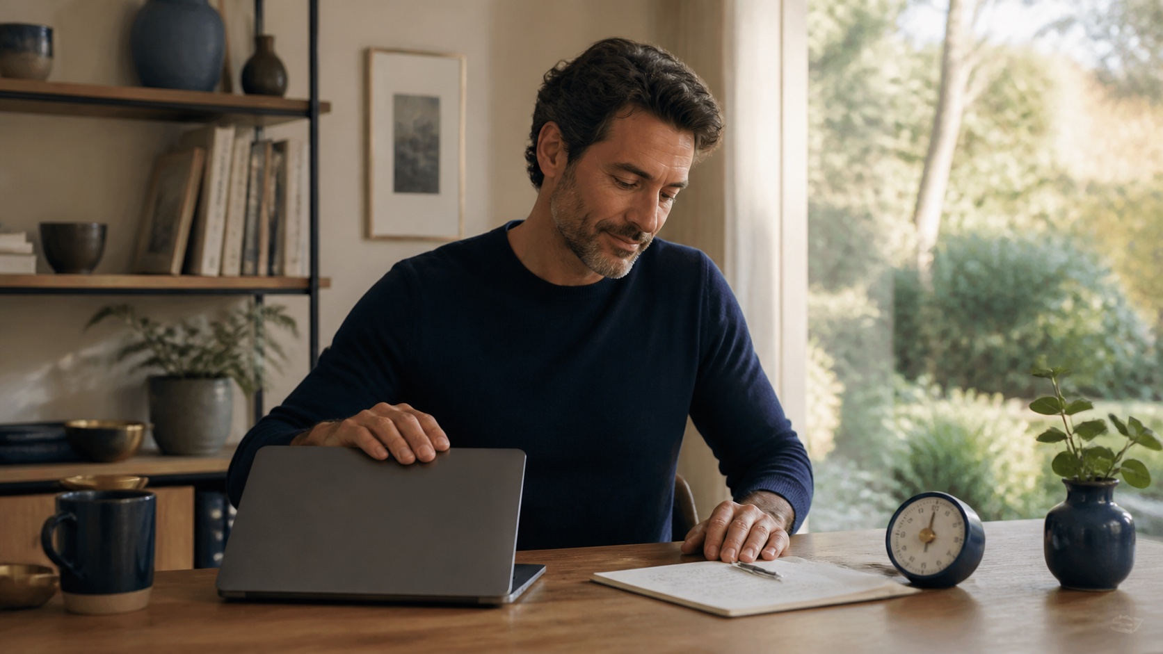 A person choosing to finish an AI work session and close the laptop