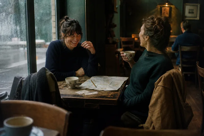 Two friends talking over tea in a small cafe