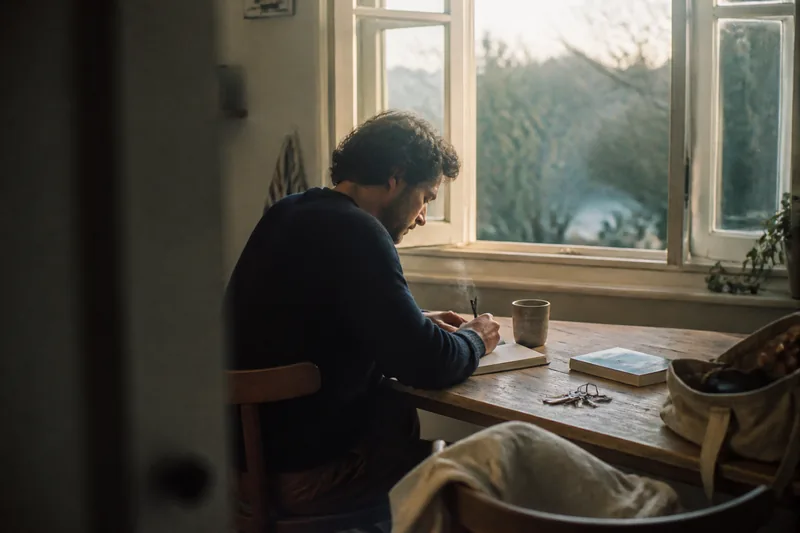 A person writing a plan beside an open window and a cup of tea