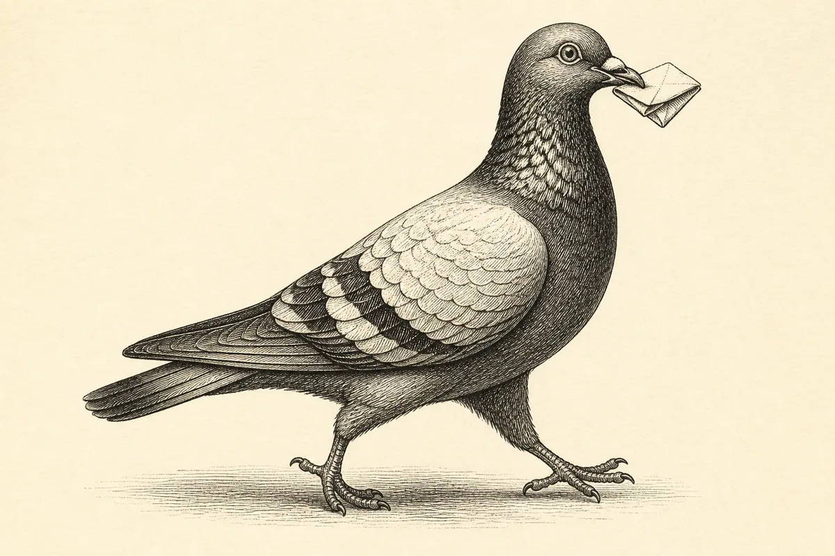 An old-fashioned engraved carrier pigeon holding a note in its beak