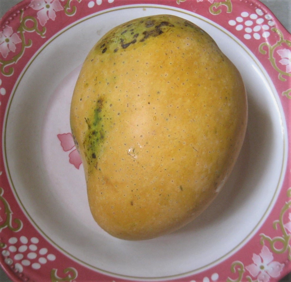 A golden Banganapalle mango on a patterned plate