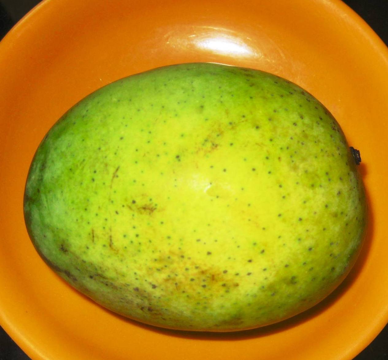 A green Langra mango on an orange plate