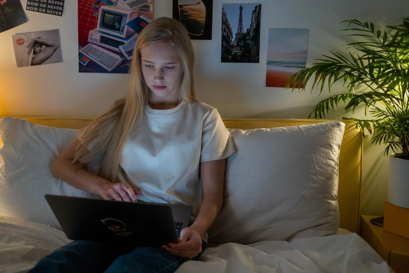 A teenage girl using a laptop at home