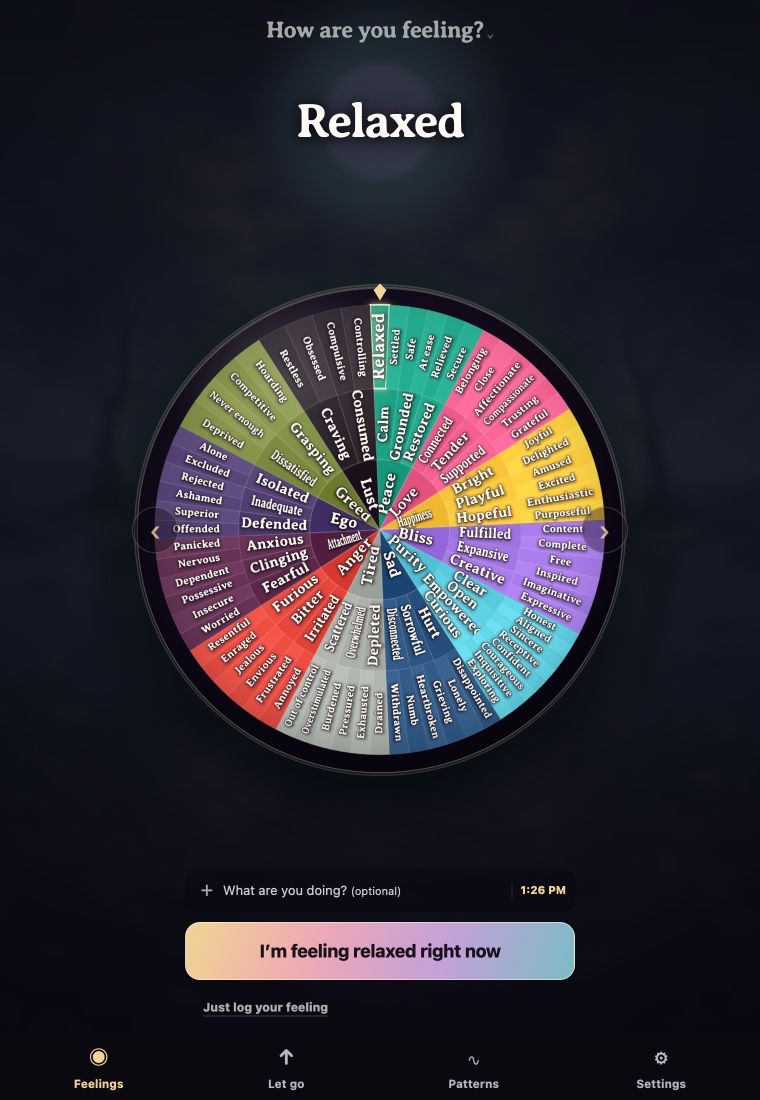 Feel Your Feelings app with Relaxed selected on the current wheel and choices to begin or just log the feeling
