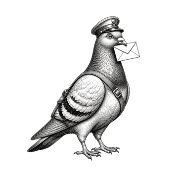 A carrier pigeon in a peaked cap carrying a small envelope