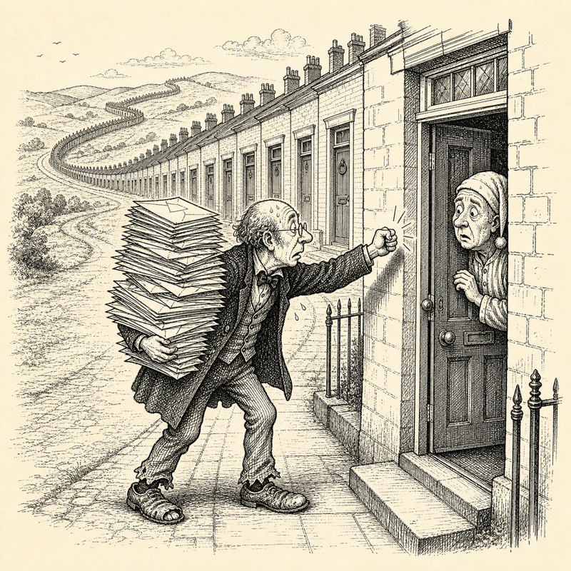 An exhausted man carrying leaflets along an endless row of front doors