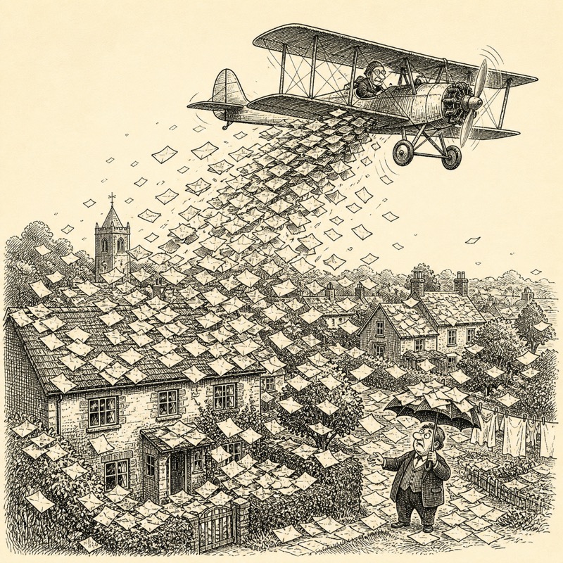 A biplane dropping thousands of leaflets over a village