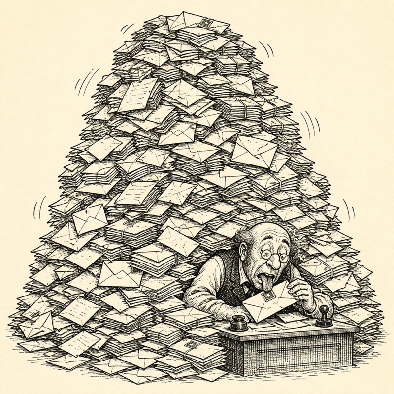 A postal clerk beside a gigantic pile of letters