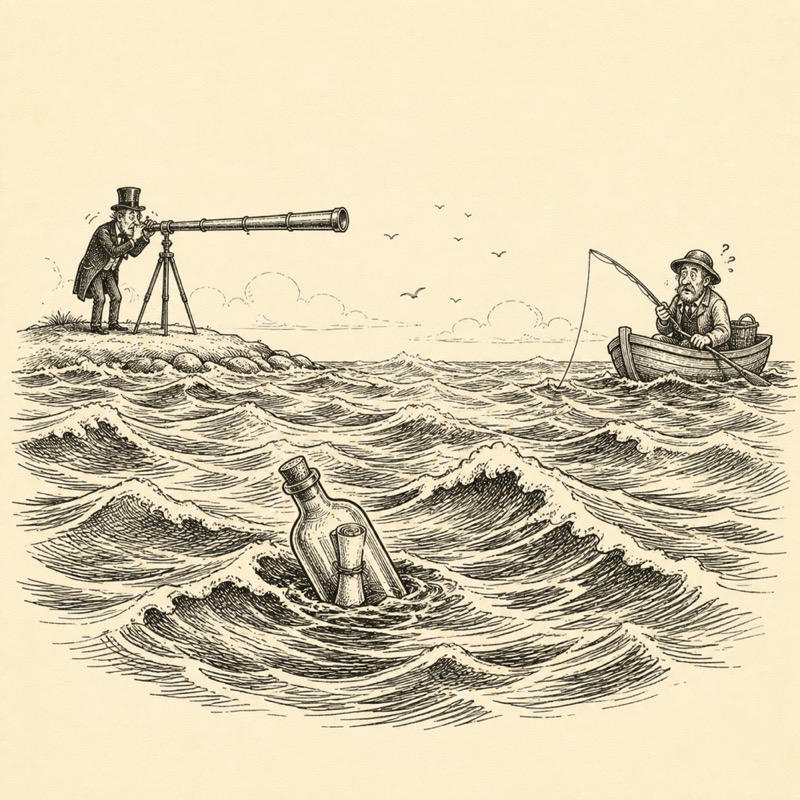 A message in a bottle drifting across a large ocean