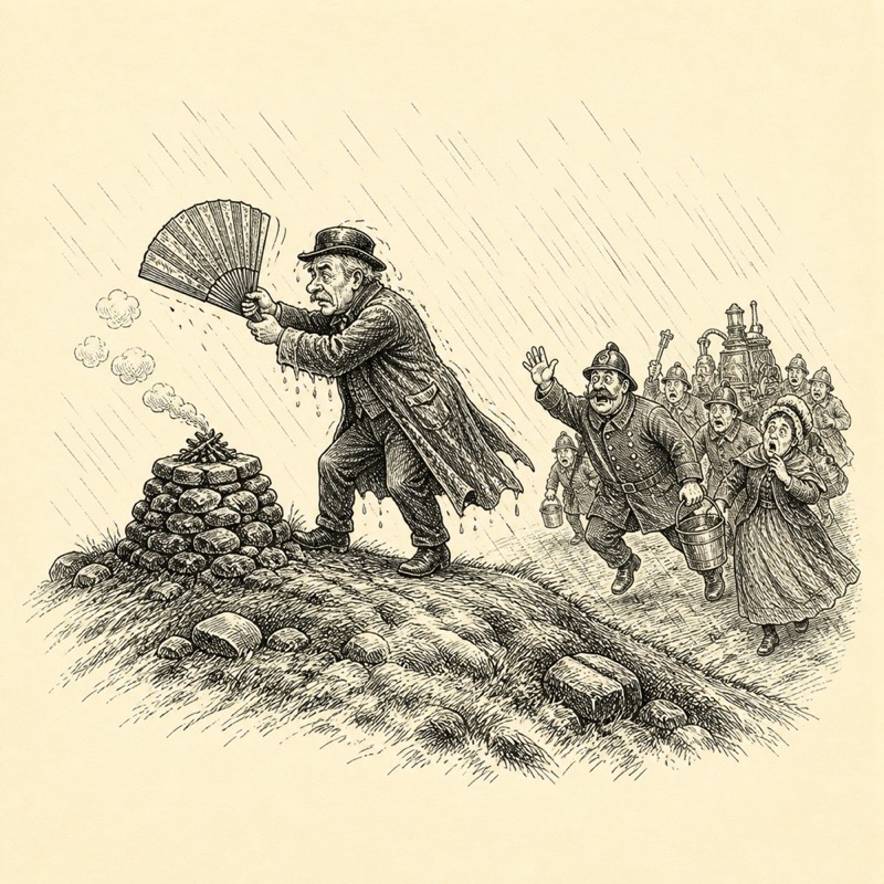 A drenched man making smoke signals as a fire brigade approaches