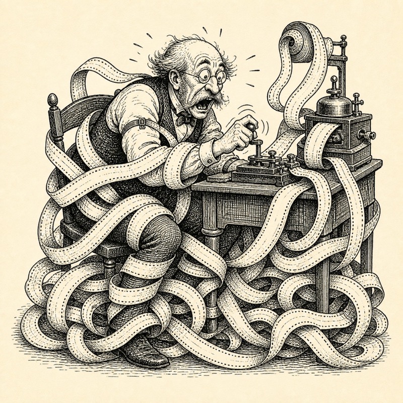 A telegraph operator tangled in a long strip of paper