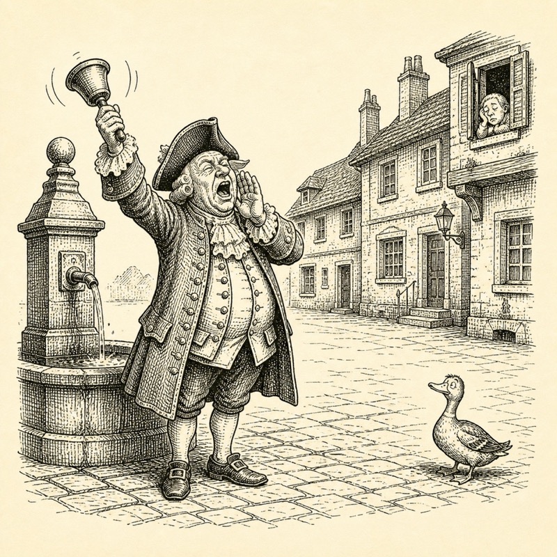 A town crier ringing a bell in an empty village square