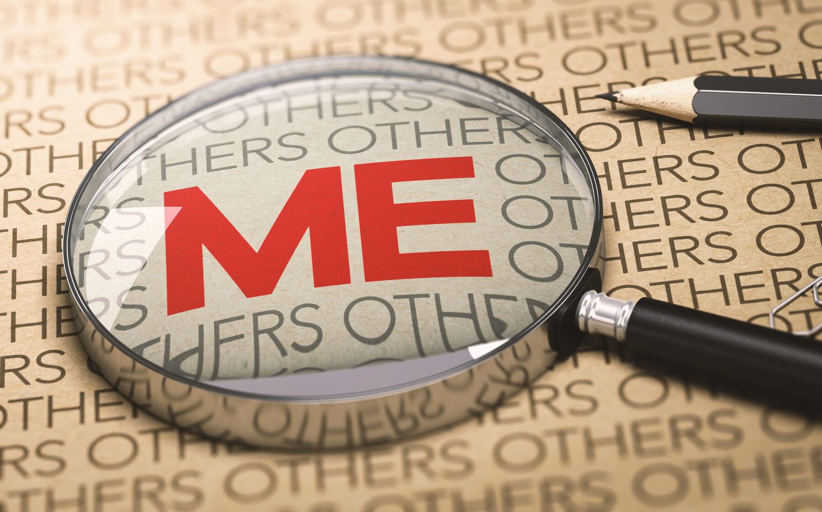 A magnifying glass picking out the word ME among OTHERS